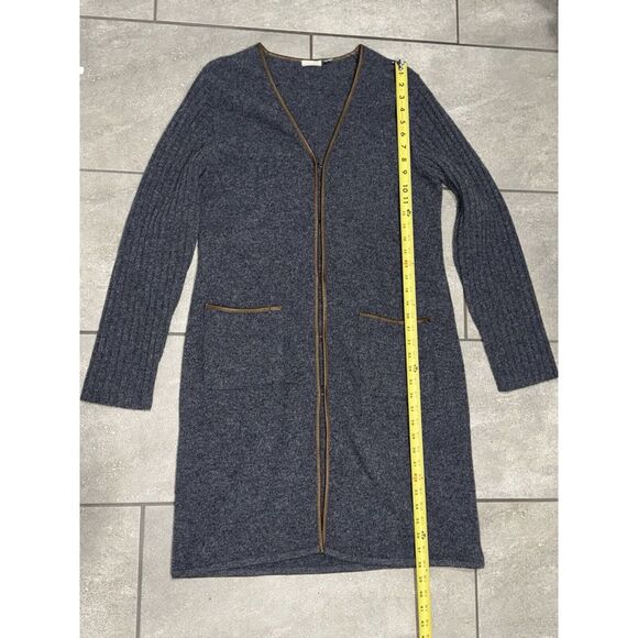 Cullen Women Duster Longline Wool Sweater Sz XL BluGray / Brown Leather Trim Vtg - Picture 5 of 13